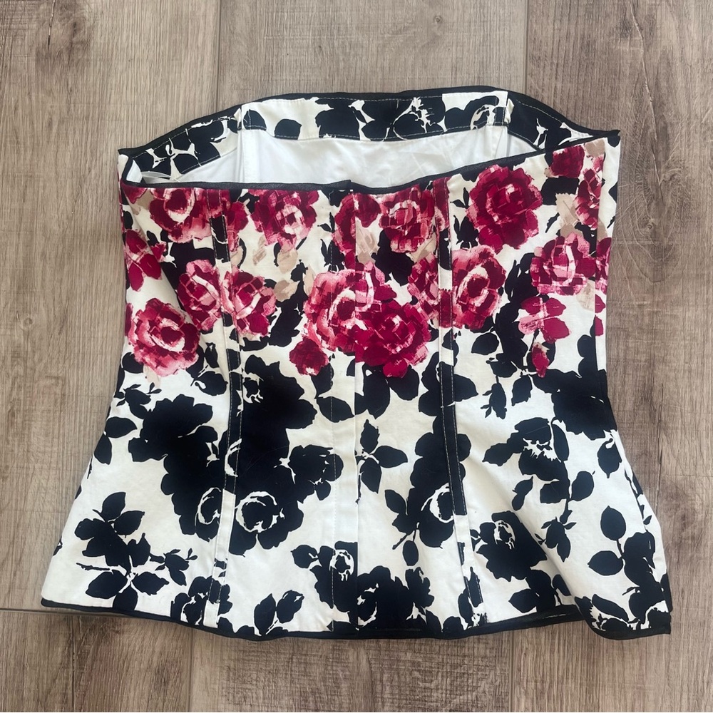 WHBM White House Black Market Corset Bustier Top Floral Black Red White Zip MINT - Picture 2 of 11